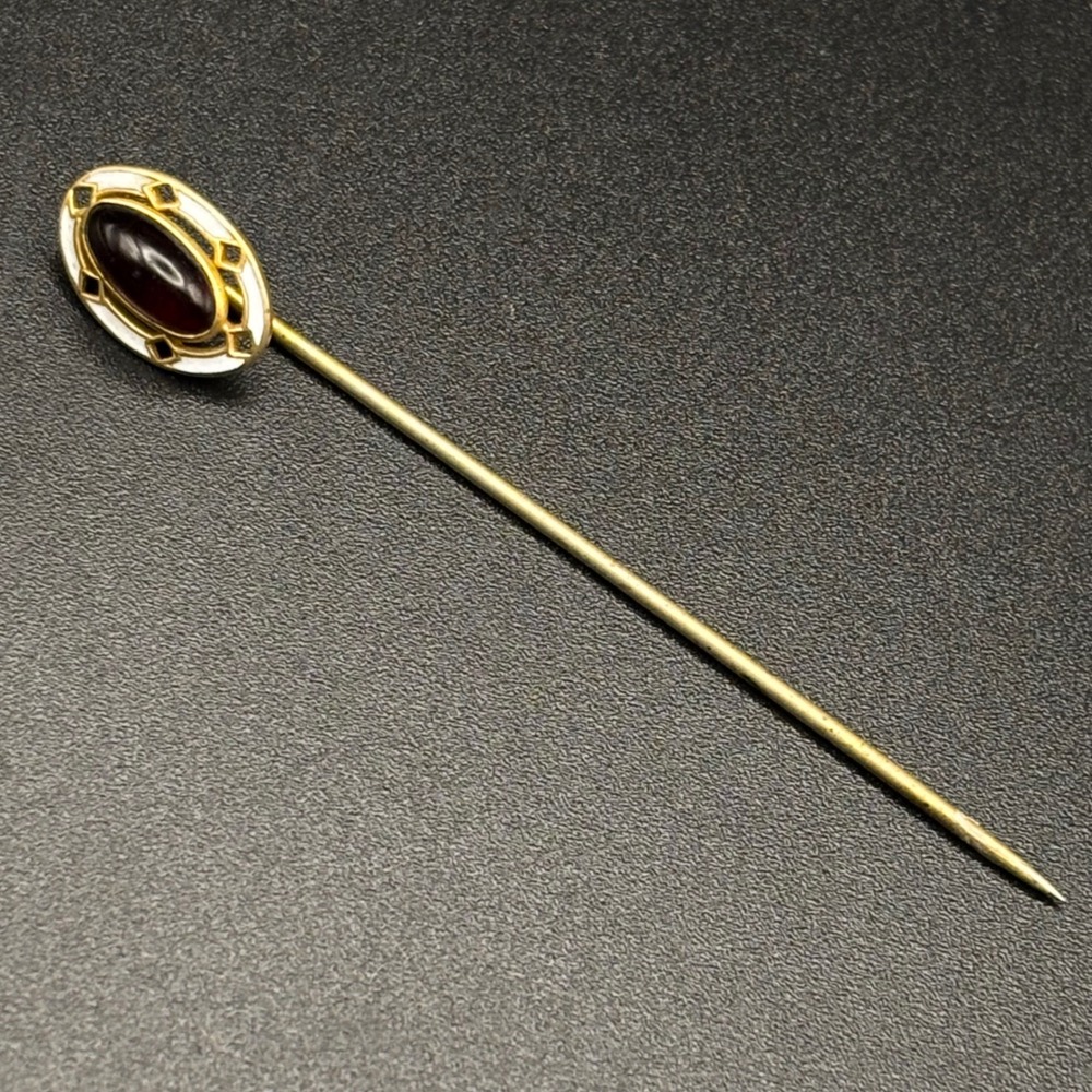 Vintage Stick Pin Gold Tone Red Glass White Enamel 2.83" - Picture 3 of 7